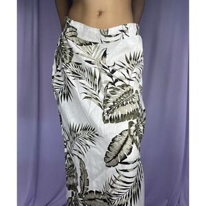 Tahari Woven Linen Midi Skirt Womens Size Large Olive Tan Leaf Print Boho Summer